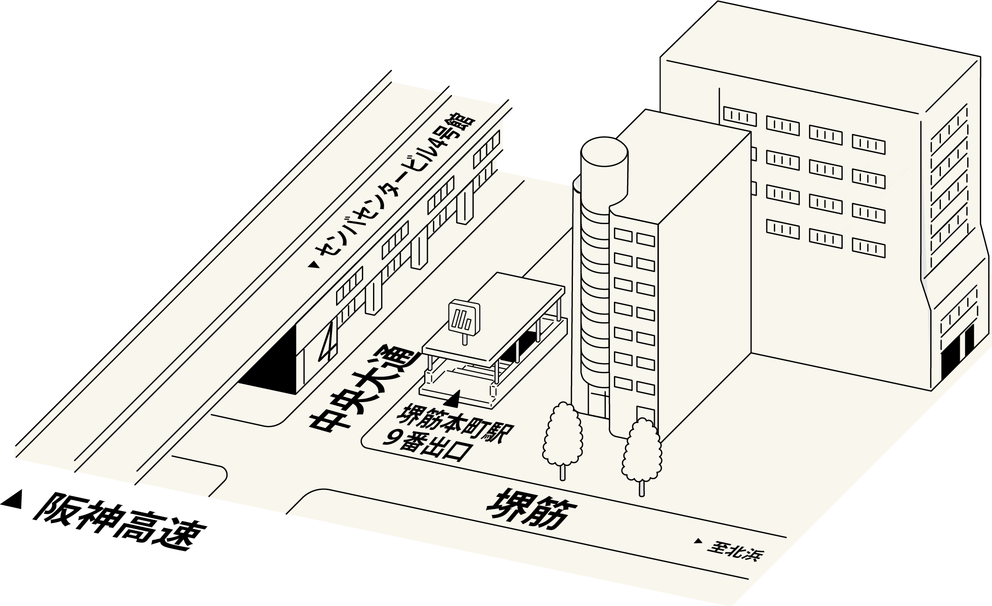 大阪メトロ堺筋本町駅9番出口すぐ、イケマン センバ店のとなり堺筋ビル8F